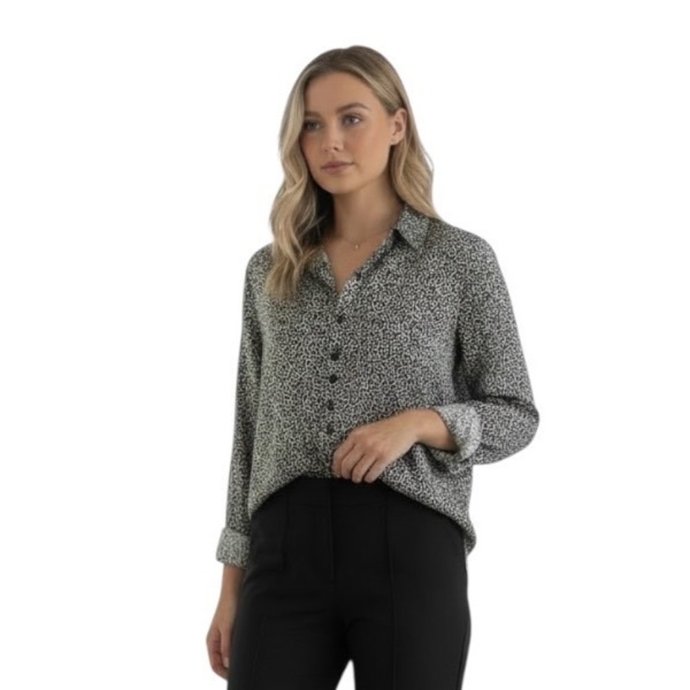 Sundays by We‎ Are Sundays Silk Rez Blouse Black White Button Down M NWT (C)